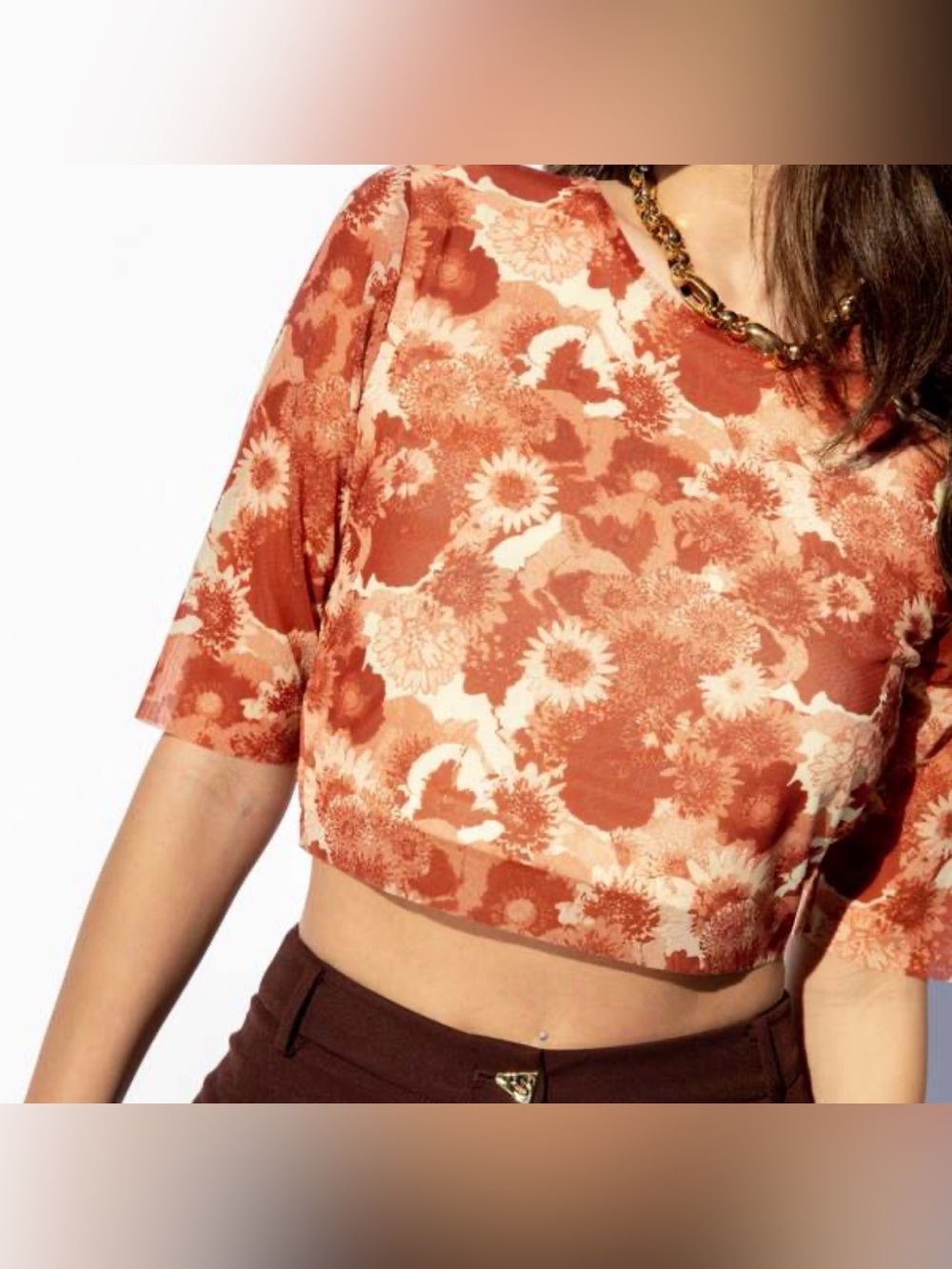 Ganni retro floral mesh crop top shirt orange brown rust stretch boho sz 34 US 2 - Picture 7 of 13